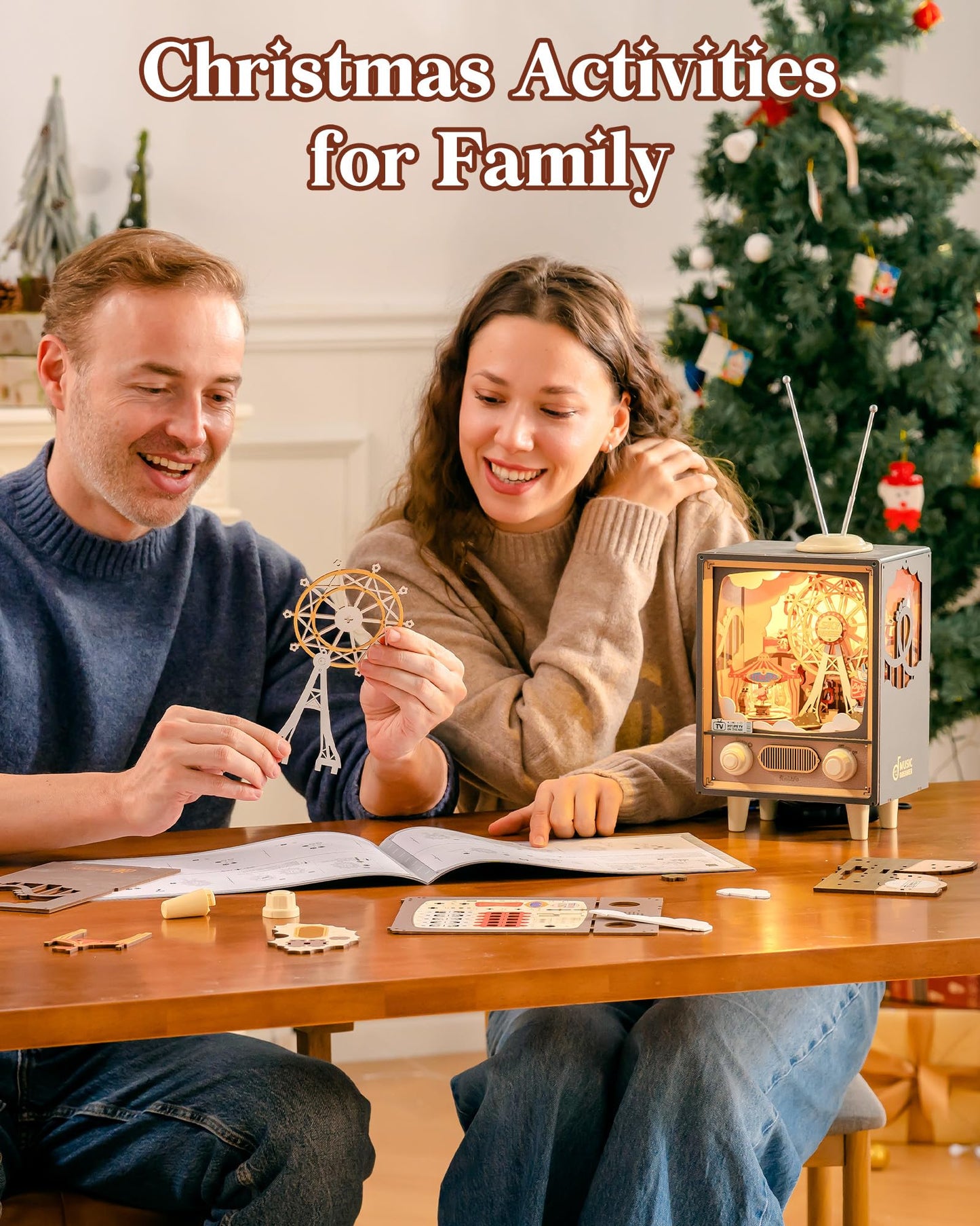 Rolife 3D Wooden Puzzles for Adults DIY Book Nook Kit 16" Ferris Wheel Music Box Model Building Set with LED Crafts for Adults Gifts for Girls Boys (Sunset Carnival)