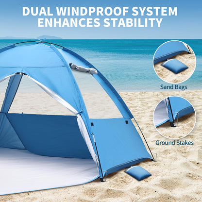 COVACURE Beach Tent Sun Shelter for 3-4 Person - UPF 50+ UV Protection Beach Shade, Waterproof & Lightweight, Easy Setup Portable Sun Canopy for Camping, Fishing, Beach