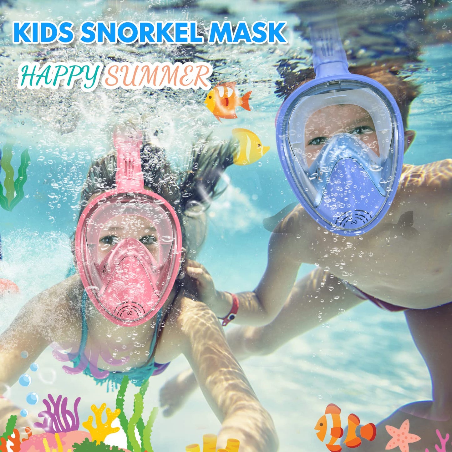 Kids Snorkel Mask Full Face, Snorkeling Gear for Kids 2-14 with Camera Mount, 180 Degree Panoramic View Snorkeling Set Anti-Fog Anti-Leak (Blue Pink)