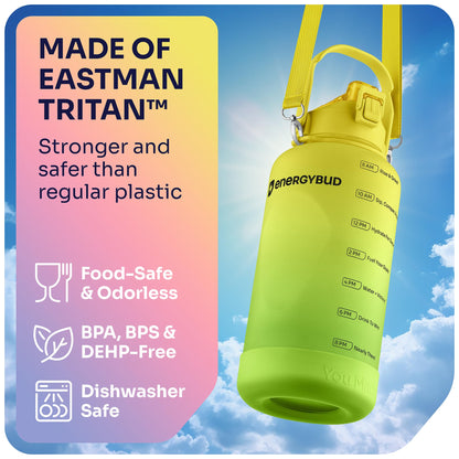 EnergyBud 1 Gallon Water Bottle Removable Straw And Handle Dishwasher-Safe BPS & BPA & DEHP Free +2 Brushes Big/Large Bottle With Time Markers Wide Mouth Leakproof 128 oz Jug (Yellow & Green)