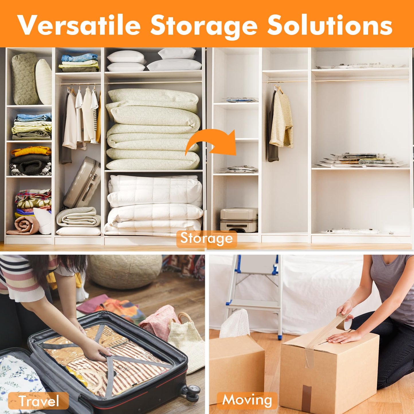 12 Pack Vacuum Storage Bags (3 Jumbo, 3 Large, 3 Medium, 3 Small),Plastic Packaging Bags,Space Saver Sealer Compression Bags with Travel Hand Pump for Blankets, Comforters, Pillows, Clothes Storage