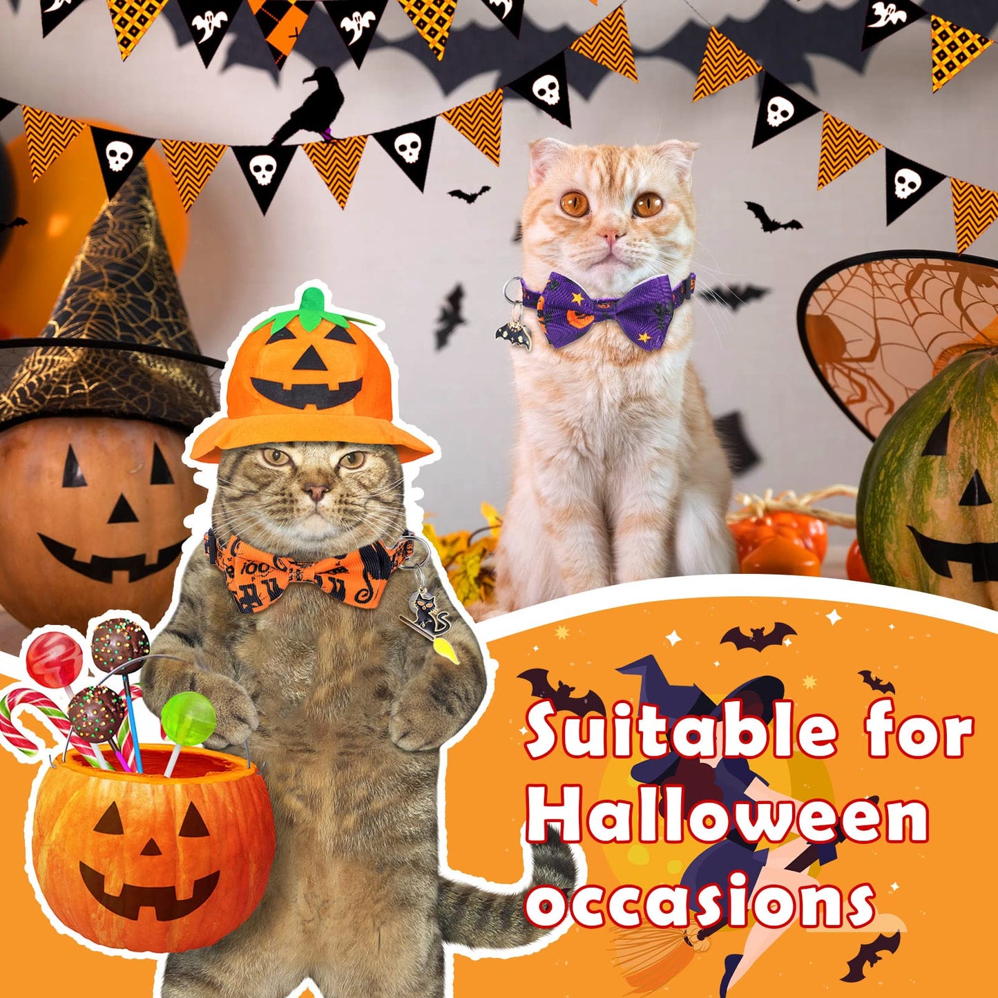 6 Pcs Halloween Cat Collar with Bow Tie and Bells, Breakaway Kitten Collar Ghost Pumpkin Witch Skull with Buckle Adjustable 7-11 Inch Funny Gothic Cat Supplies