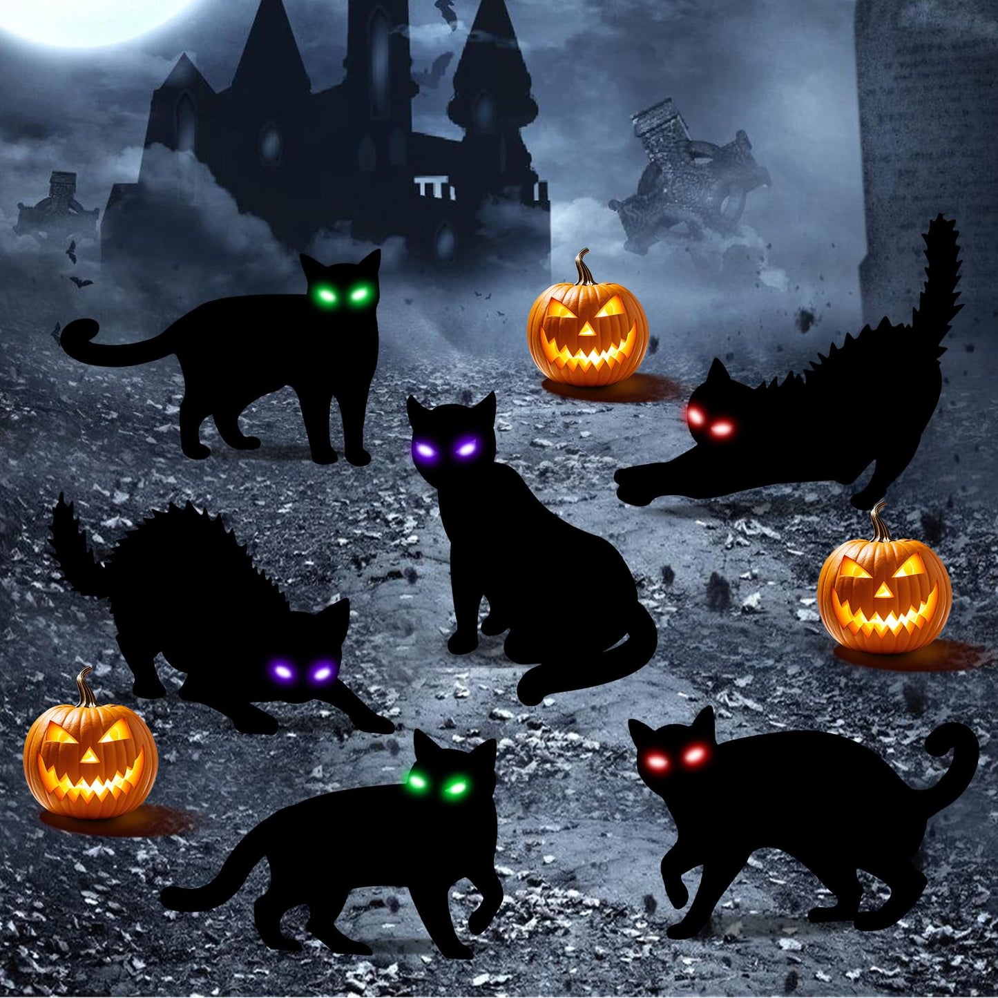 LCHUANG 6Pack Black Cat Halloween Decorations Outdoor with LED Glowing Eyes Lights Black Cat Yard Stakes Halloween Decor, Waterproof Outside Cats Blow up Scary Patio Lawn Decorations