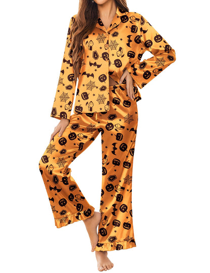 Ekouaer Silk Satin Pajamas Set Womens Long Sleepwear Button Down 2 Piece Classic Soft Loungewear Pjs Set (Halloween，M)