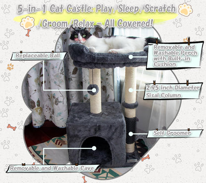 Hapineko 26.8" Small Cat Tree Tower,Cat Scratching Post for Indoor Cats,Featuring with Cat Cave & Cozy Perch,Cat Self Groomer and Interactive Dangling Ball Great for Kittens/Cats (Smoky Gray, Medium)