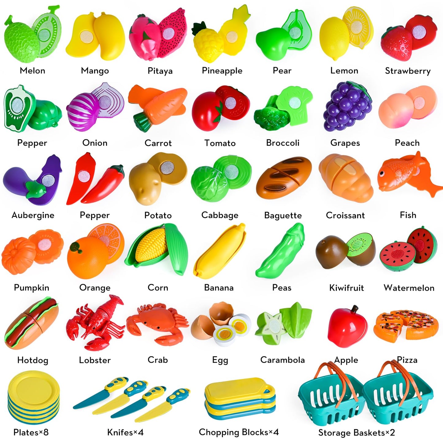 100 PCS Cutting Play Food Toy for Kids Kitchen, Pretend Food Toys for Toddlers, Play Kitchen Toys Accessories with 2 Baskets, Fake Food/Fruit/Vegetable, Birthday Gifts for 3 4 5 Years Old Boys Girls