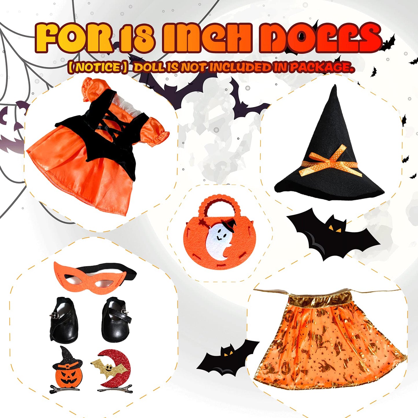 WONDOLL Halloween-Doll-Clothes Outfits Pumpkin with Lantern for 18-inch-Dolls - American Doll Halloween Costumes Gifts for Little Girls -Yellow