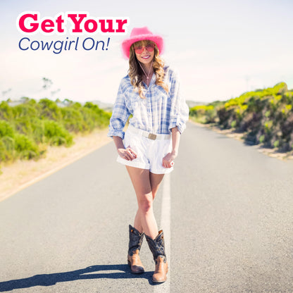 4E's Novelty Pink Cowboy Hat with feathers With Heart Shaped Sunglasses for Women, Felt Pink Cowgirl Hat for Party Costume Dress Up