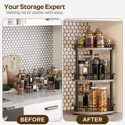 3-Tier Lazy Susan Organizer, Rotating Spice Rack, Spinning Organizer, Industrial Turntable Spice Rack Organizer for Cabinet, Kitchen Countertop, Pantry, Rustic Brown and Black SR23BR