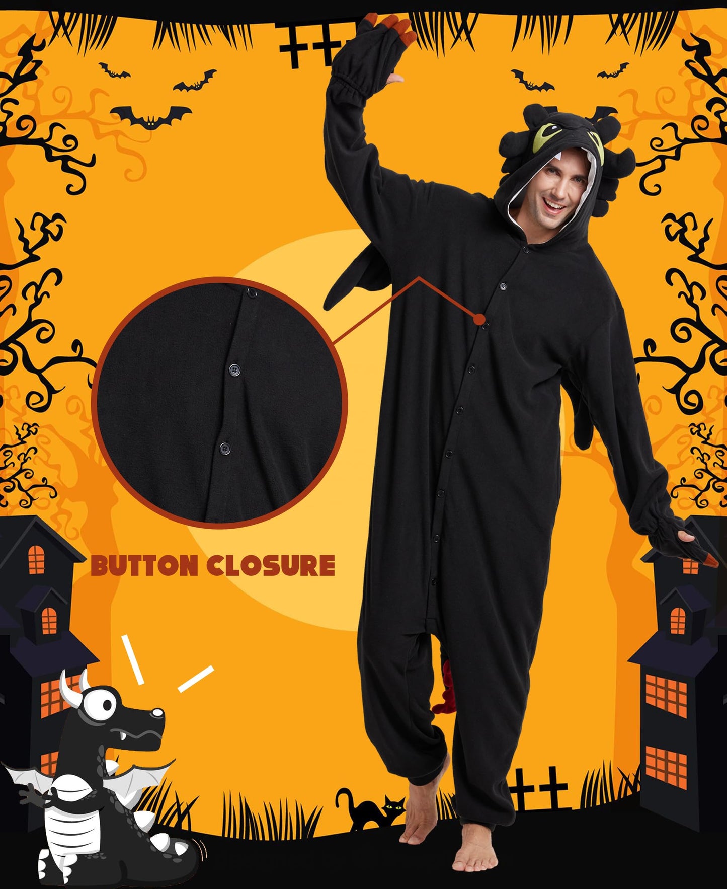 Kidukso Unisex Adult Dragon Onesie Pajamas Cute Animal Sleepwear Dragon Costume Halloween Christmas Party Costumes for Women Teens Men Black Large