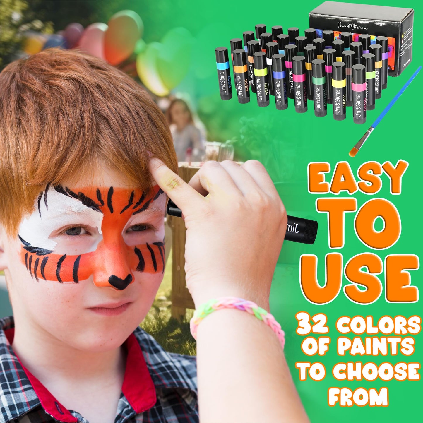 Jim&Gloria Water Based Face Paint Sticks Bulk 32 Professional Face Painting Kit for Kids Party, Metallic, Neon, Classic Facepaint Crayons, Washable Body Paint Adults Cosplay, Clown, Halloween Makeup