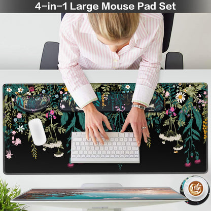 Desk Mat, Large Gaming Mouse Pad with Wrist Rest, 4in1 XXL Mousepad+Keyboard Wrist Rest+Mouse Pad Wrist Support+Cup Coaster Set Ergonomic Floral Computer Desk Arm Wrist for Decor Home Office Women