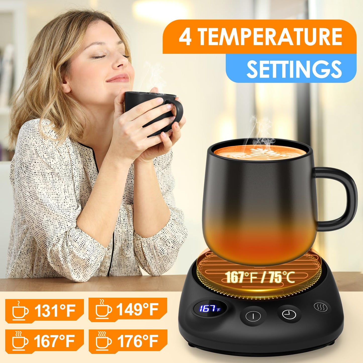 KitchekShop Coffee Mug Warmer - Fastest Heating & Highest Temperature, Coffee Cup Warmer for Desk Auto Shut Off, 4 Temp Settings & 1-12H Timer, Smart Electric Beverage Warmer for Coffee, Tea (Black)