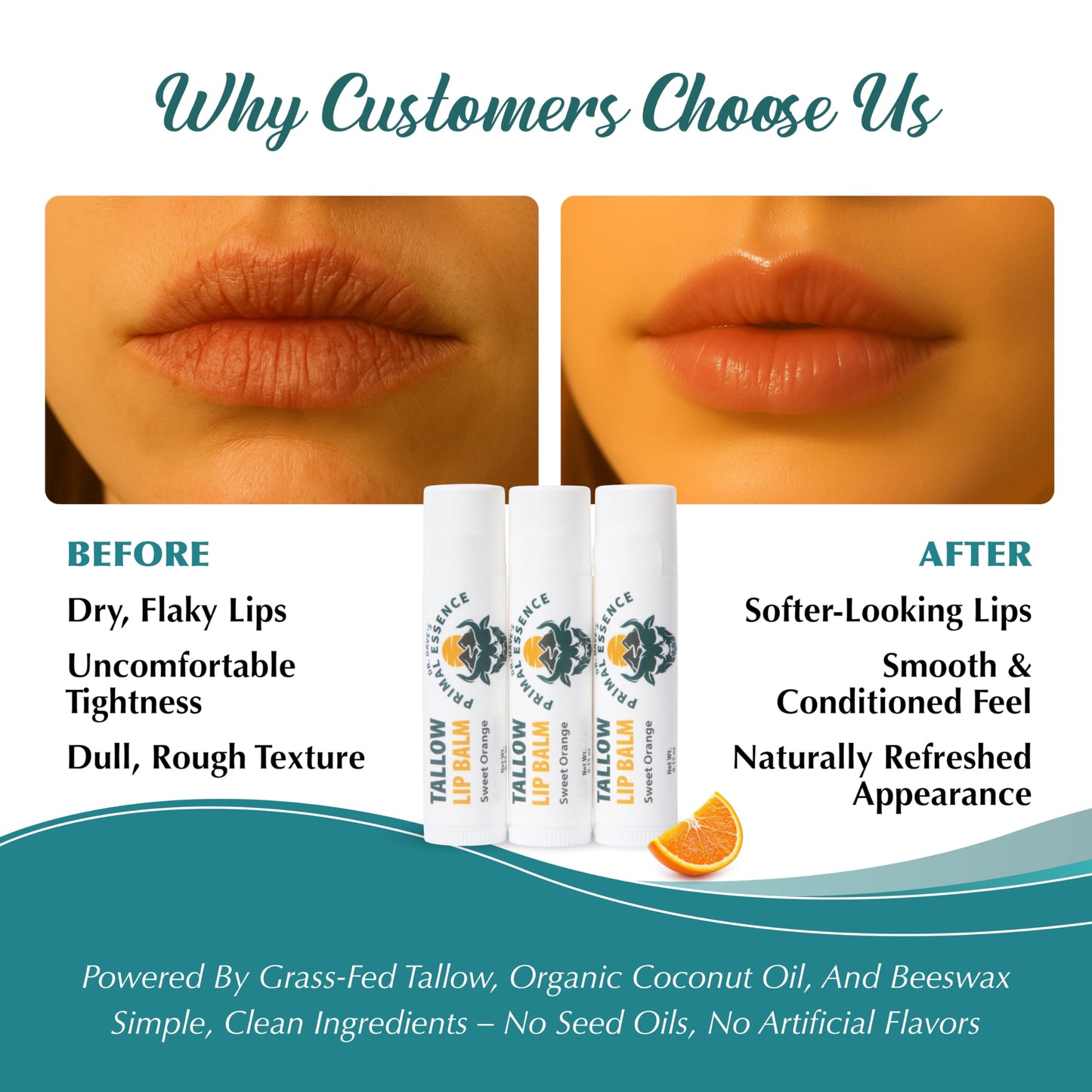 Dr. Dave's Primal Essence Moisturizing Tallow Lip Balm - Grass-Fed Beef Tallow with Organic Coconut Oil, Beeswax and Vitamin E - Sweet Orange, 3-Pack