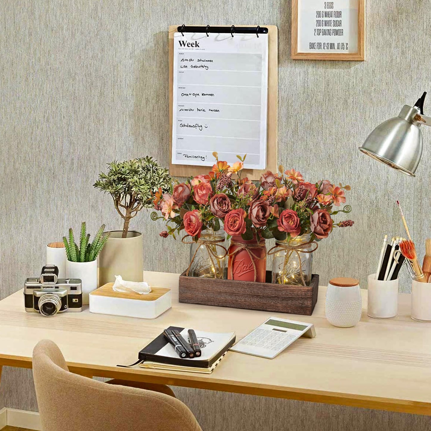 DUOER 3 Pcs Mason Jar Centerpiece Table Decorations for Dining Table Decor Farmhouse Coffee Table Decor with Wood Tray and Led Light Table Centerpieces for Dining room Kitchen Living Bathroom,Orange