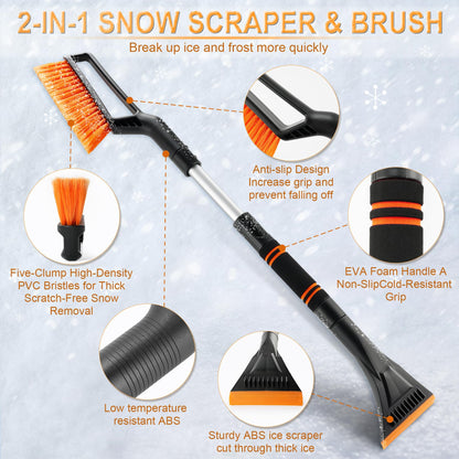 LivTee Ice Scraper and Snow Brush for Car Windshield, 32.5" Extendable Snow Removal Tool, Automotive Exterior Accessories and Winter Essentials for Cars, Trucks, and SUVs,Orange