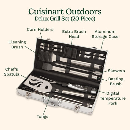 Cuisinart Deluxe Grill Tool Set, 20-Piece BBQ Tools Grill Accessories with Aluminum Case & Digital Temperature Fork, Stainless Steel Spatula, Tongs, Grill Accessories & Utensils, Grilling Set for BBQ
