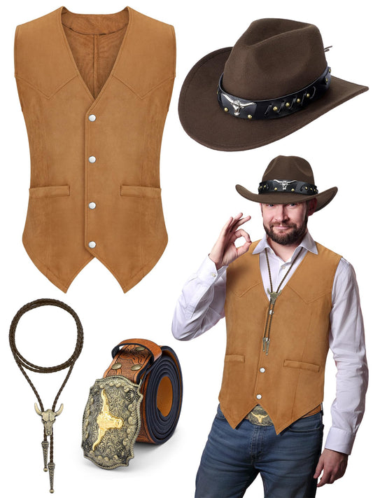 Cutecrop 4 Pcs Western Cowboy Outfits for Men Suede Leather Vest Hat Bolo Tie Belt for Western Halloween Cosplay(X-Large,Brown)