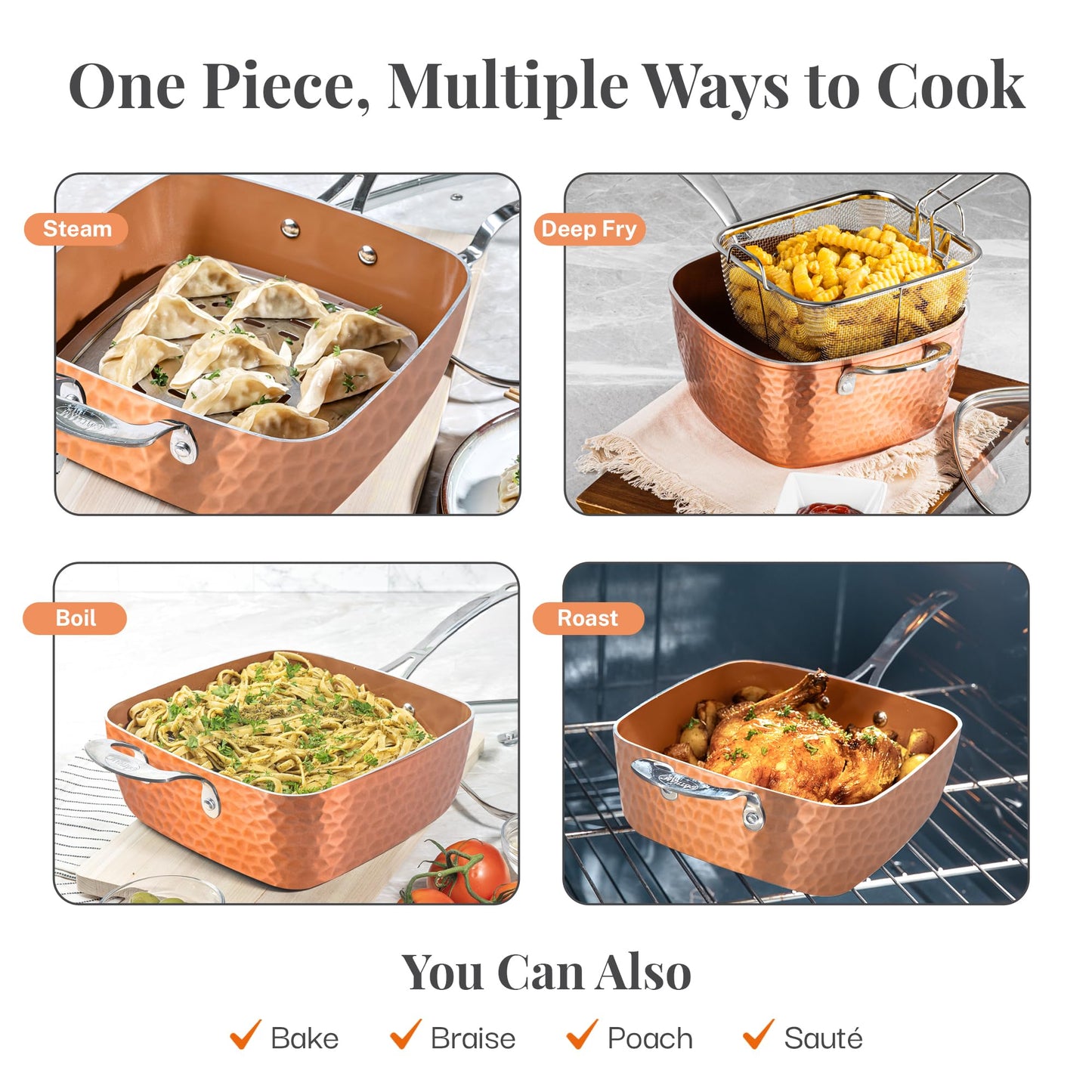 Gotham Steel Nonstick Square Deep Frying Pan, 9.5” Large Cooking Pan with Ceramic Nonstick Coating, Deep Fryer Pot with Basket, 4 Pc Titanium Ceramic with Lid, Basket & Steamer Tray, Dishwasher Safe