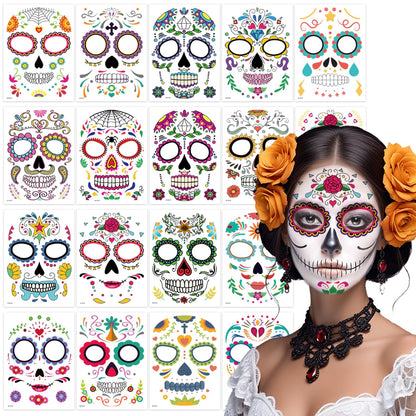 18 Pack Day of the Dead Face Tattoos, Sugar Skull Catrina Makeup Kit, Halloween Mask Temporary Tattoo Stickers, Skeleton Paint Dia de los Muertos Decorations, Accessories, Favors & Costumes