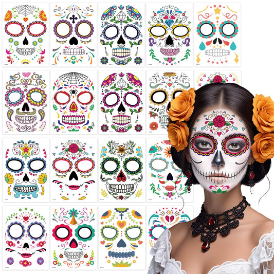 18 Pack Day of the Dead Face Tattoos, Sugar Skull Catrina Makeup Kit, Halloween Mask Temporary Tattoo Stickers, Skeleton Paint Dia de los Muertos Decorations, Accessories, Favors & Costumes