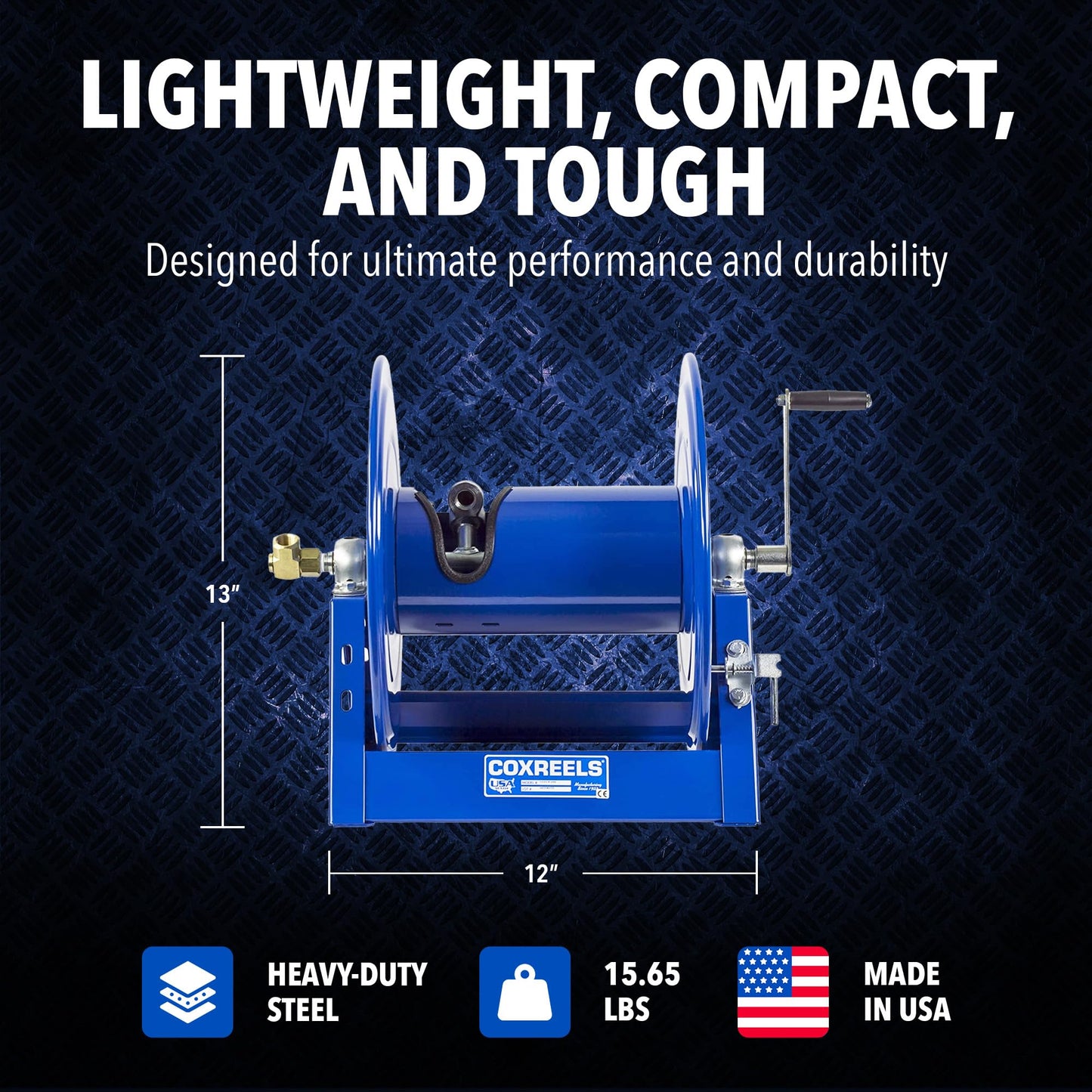 Coxreels 112-3-100 Hand Crank Hose Reel - Heavy-Duty Steel Frame for Stability - Adjustable Tension Brake for Controlled Operation- Fits 3/8 x 100 ft Hose - 12 x 18.25 x 13 inches