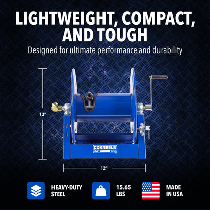 Coxreels 112-3-100 Hand Crank Hose Reel - Heavy-Duty Steel Frame for Stability - Adjustable Tension Brake for Controlled Operation- Fits 3/8 x 100 ft Hose - 12 x 18.25 x 13 inches