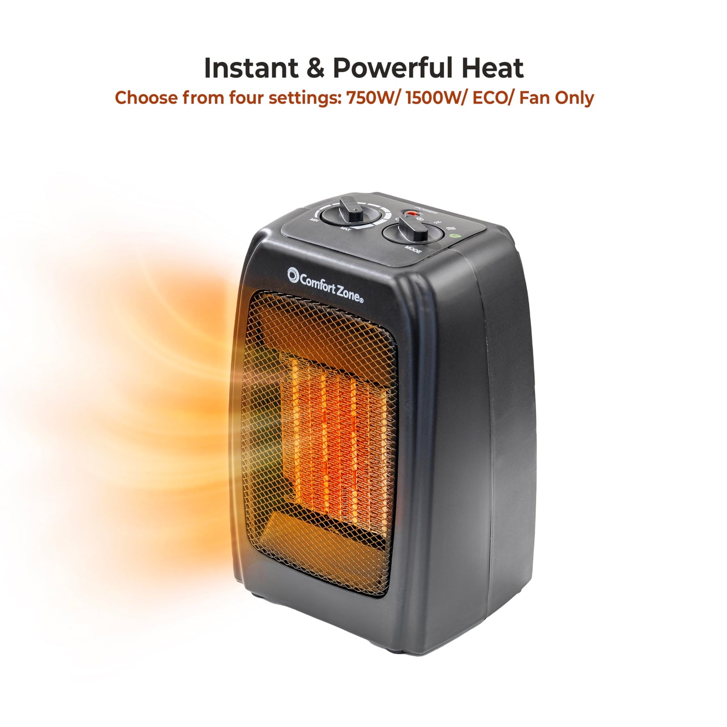 Comfort Zone CZ442E Personal Energy Save Ceramic Heater - 1500W Portable with Adjustable Thermostat, Tip-Over Switch & Overheat Protection, Black