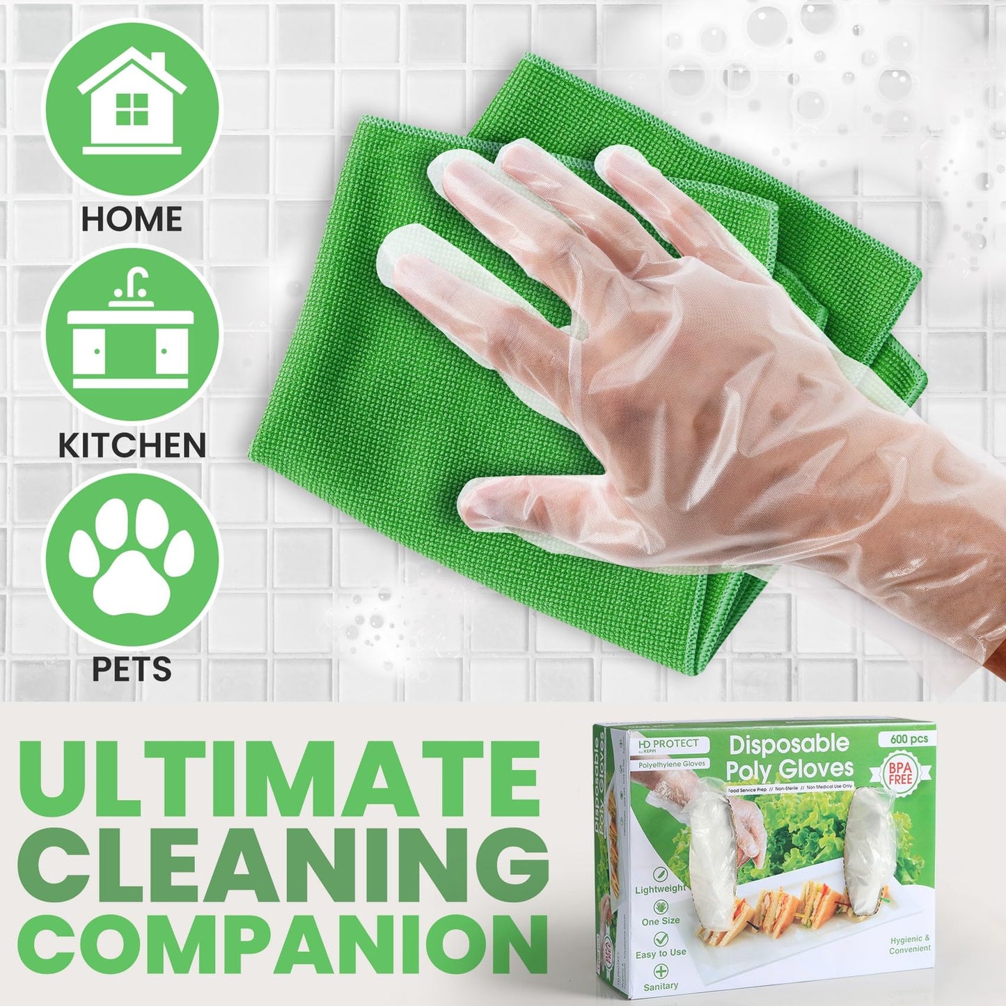 Keppi 600 Pack Disposable Food Prep Gloves – Clear Polyethylene, Latex-Free, BPA-Free, Powder-Free – Bulk Kitchen Cooking, Catering, BBQ, Baking, Restaurant, Food Handling & Serving Gloves