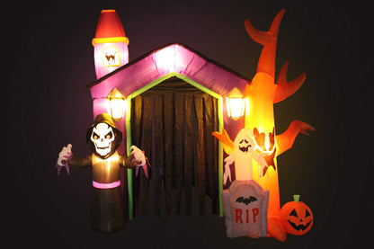8.5 Foot Halloween Inflatable Haunted House Castle with Skeleton, Ghost, Tree and Pumpkin Lights Decor Outdoor Indoor Holiday Decorations, Blow up