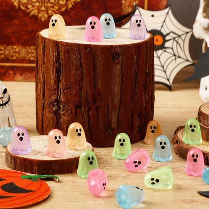 DTOFOOT 56 Pcs Luminous Mini Ghosts,Halloween Tiny Resin Ghosts Figures Glow in The Dark mini Ghosts Miniature Statue for Plant Pot Landscape Lawn Landscape Home Party Decor