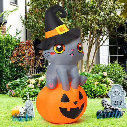 GOOSH 6 FT Halloween Inflatables Cat Outdoor Decorations Blow Up Yard Cute Wizard Cat Sitting Pumpkin with Built-in LEDs for Garden Lawn Indoor Party Decor