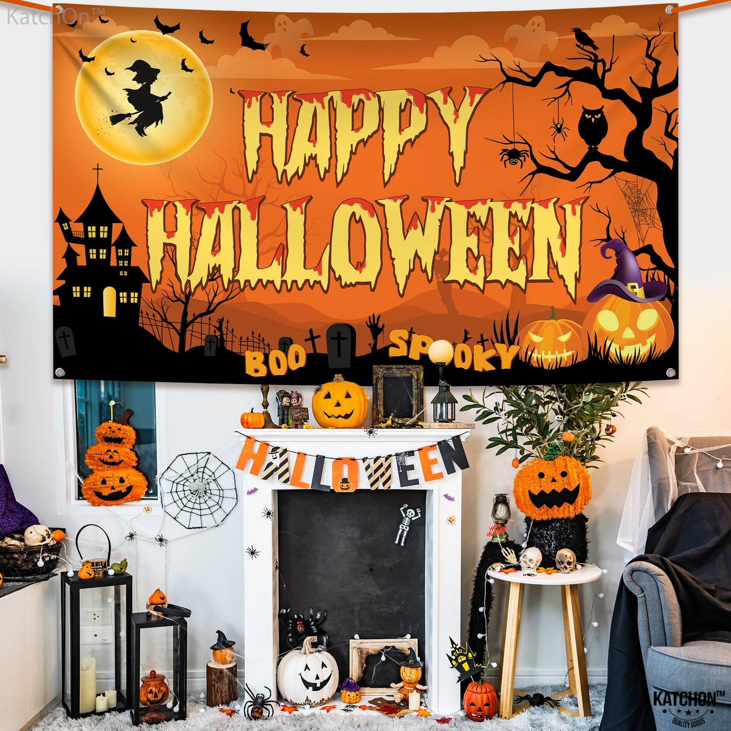 KatchOn Spooky Happy Halloween Banner - XtraLarge, 72x44 Inch | Orange Halloween Photo Backdrop for Decorations & Photography