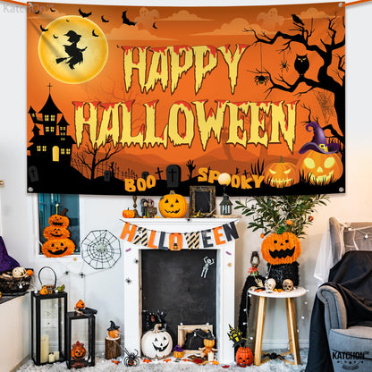 KatchOn Spooky Happy Halloween Banner - XtraLarge, 72x44 Inch | Orange Halloween Photo Backdrop for Decorations & Photography