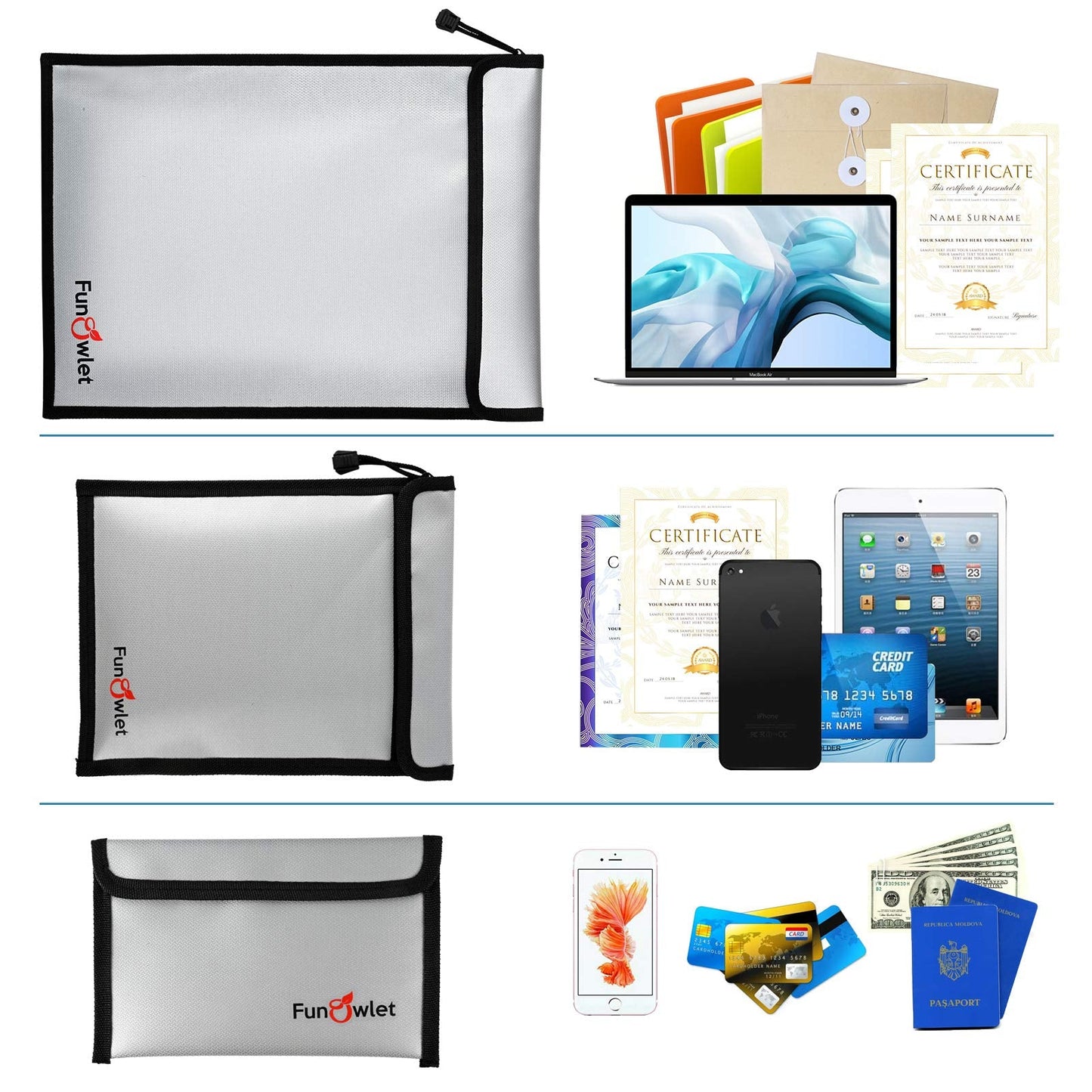 Fireproof Waterproof Money Document Bag - 3 Pack Safe Upgraded Zipper Bags, Fire & Water Resistant Storage Organizer Pouch for A4 A5 Documents Holder,File,Cash,Jewelry,Passport,Tablet,Laptop (Gray)