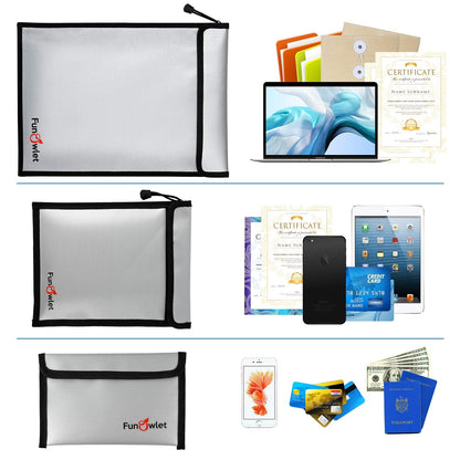 Fireproof Waterproof Money Document Bag - 3 Pack Safe Upgraded Zipper Bags, Fire & Water Resistant Storage Organizer Pouch for A4 A5 Documents Holder,File,Cash,Jewelry,Passport,Tablet,Laptop (Gray)