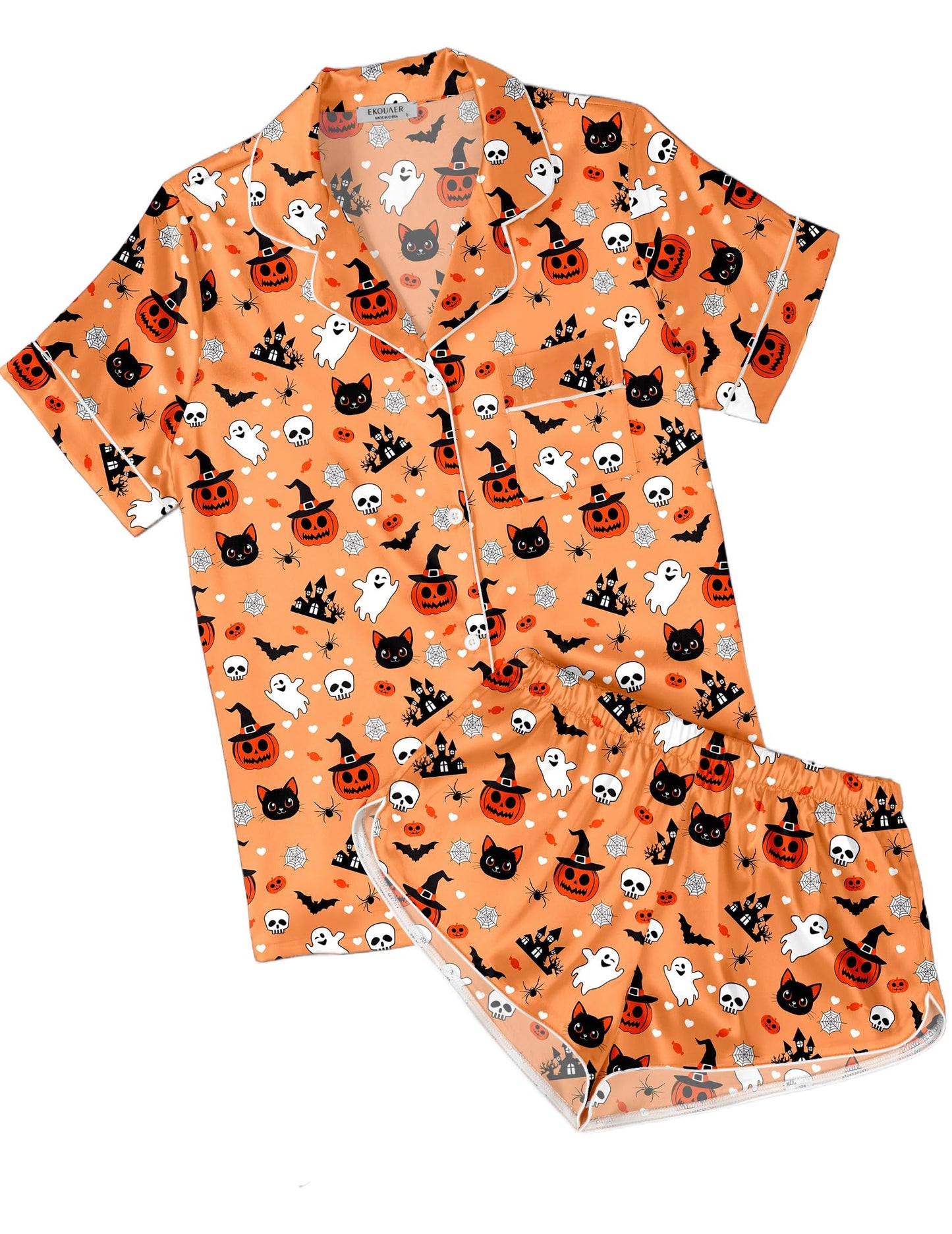 Ekouaer Womens Silky Satin Pajamas Short Sleeve Sleepwear Soft Button Down Loungewear 2 Piece PJS Shorts Set Orange Halloween Print Small