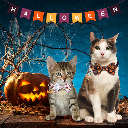 6 Pcs Halloween Cat Collar with Bow Tie and Bells, Breakaway Kitten Collar Ghost Pumpkin Witch Skull with Buckle Adjustable 7-11 Inch Funny Gothic Cat Supplies