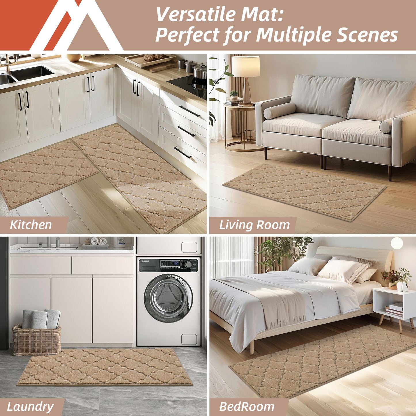 COSY HOMEER Soft Kitchen Rugs [2 PCS] for in Front of Sink Super Absorbent Kitchen Floor Mats and Mats 20x30 Inch/20X48 Non-Skid Kitchen Mat Standing Mat Washable,Polyester,Beige