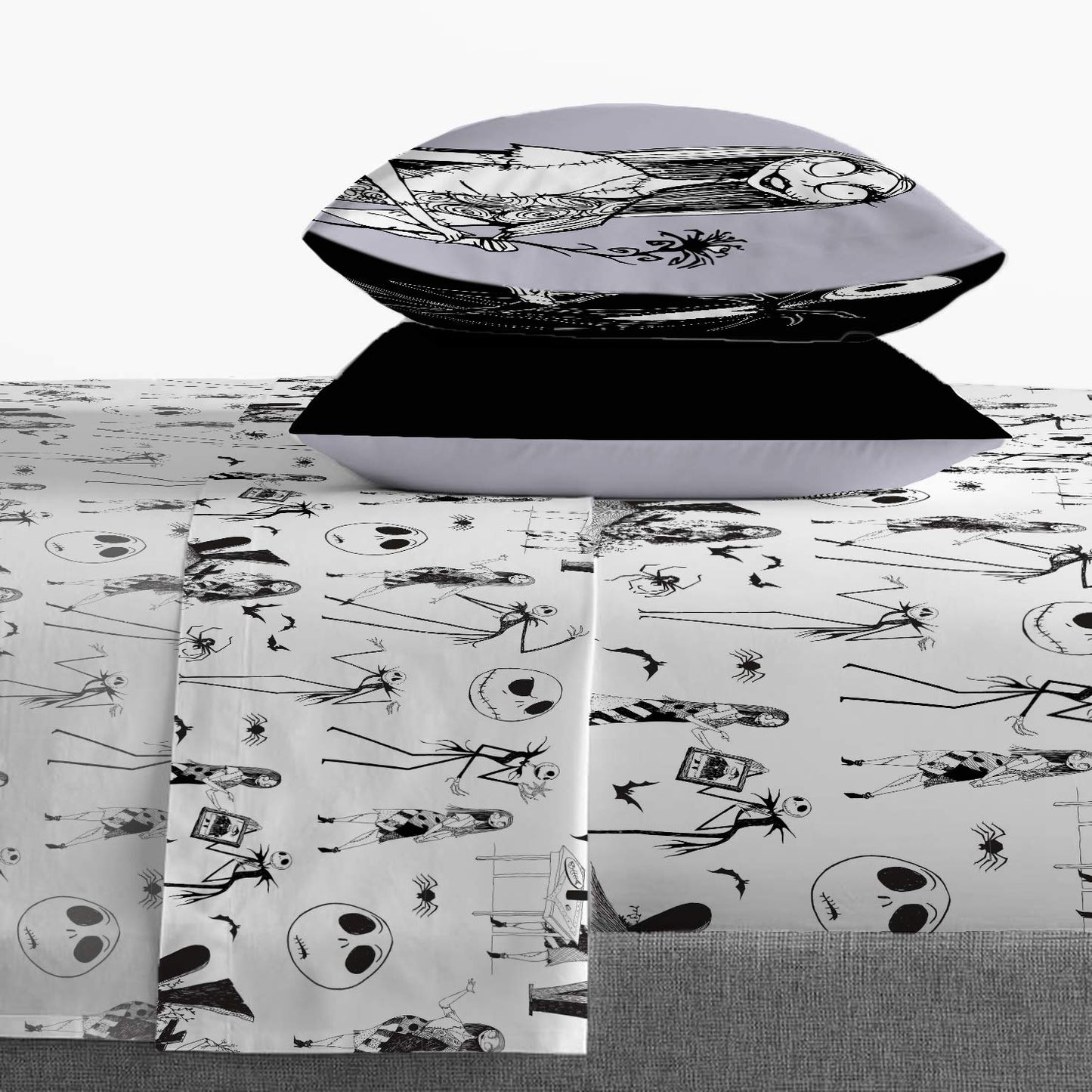 Jay Franco Kids Sheet Set with Fitted, Flat Sheets & Pillow Cover - Ultra-Soft Bedding with Pillowcase for Room Decor, White - Nightmare Before Christmas, 4 Piece Queen