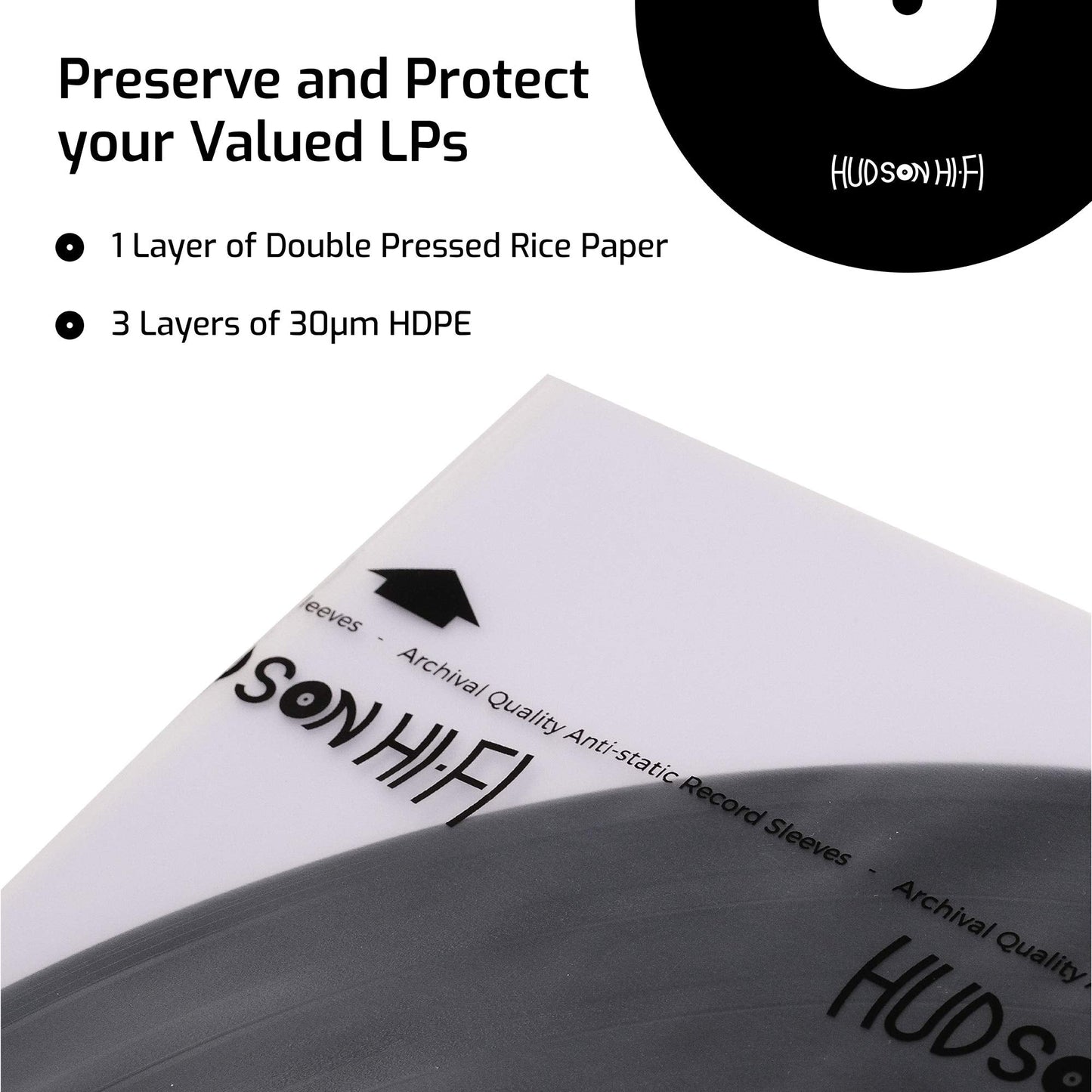 Hudson Hi-Fi Anti-Static Vinyl Record Inner Sleeves 100 Pack - Durable Clear Disc Sleeves- Protect Your LP Albums from Scratches, Dust & Dirt - Acid-Free Rice Paper Interior Disc Covers