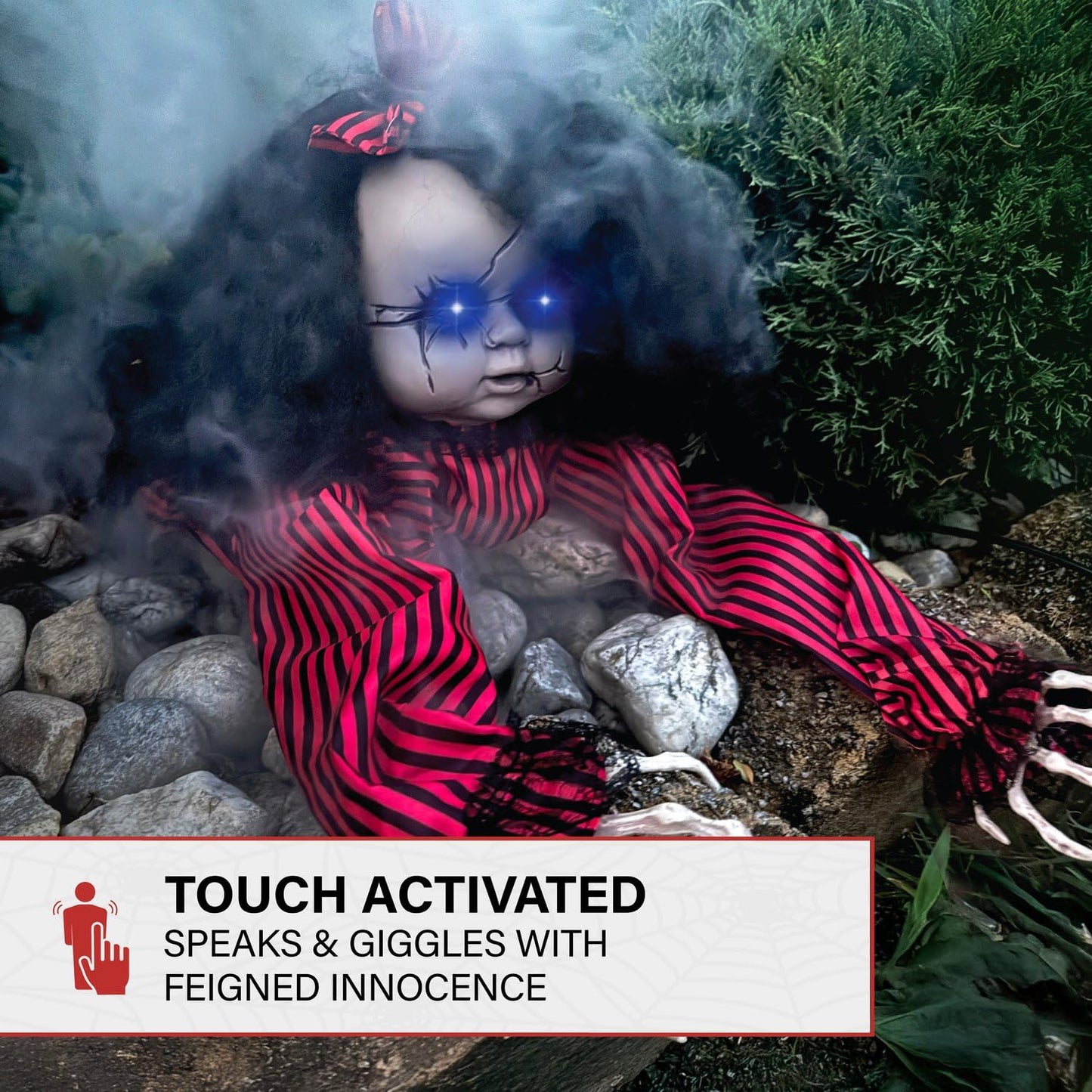 Haunted Hill Farm Scary Haunted Crawling Baby Doll, Halloween Animatronic with Touch Activated Lights and Sound, Battery Operated Indoor or Covered Outdoor Halloween Decorations, Creepy Fright Props