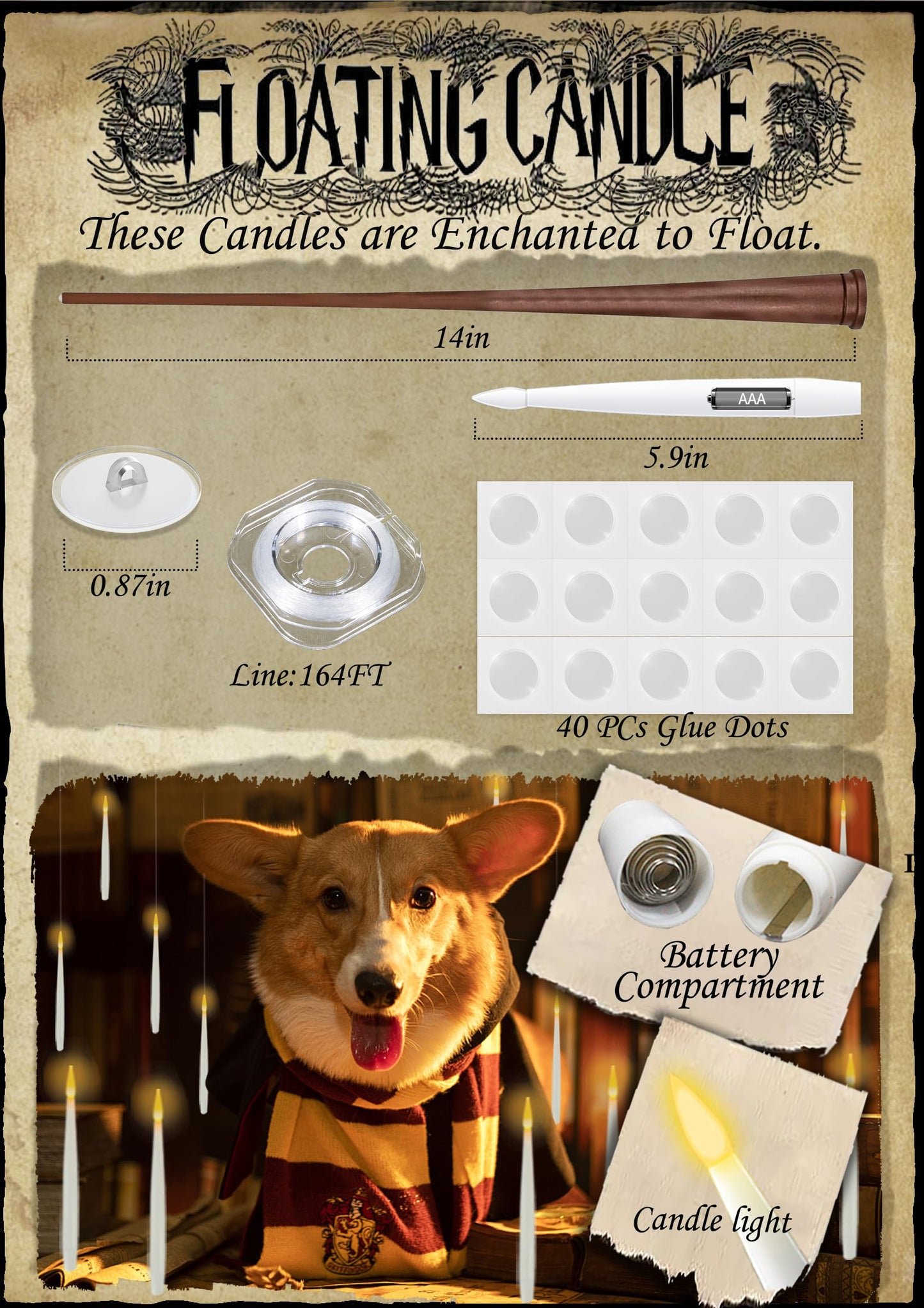 Halloween Decorations, 20 PCs Floating Candles with Wand Magic Hanging Candles, Flickering Warm Light Flameless Floating LED Candle with Wand Remote, Battery Operated Taper Candle Set for Theme Party