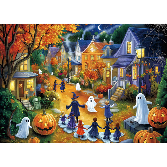 Halloween 1000 Piece Puzzle for Adults Jigsaw Puzzle Spooky Trick-or-Treat Scene with Pumpkins Ghosts & Haunted Houses Autumn Challenging Fun Family Game Night Puzzle with Poster（27"x20"）