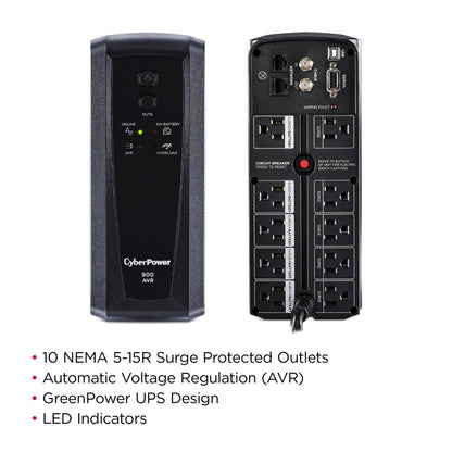 CyberPower CP900AVR AVR UPS Battery Backup and Surge Protector, 900VA/560W, 10 Outlets, Mini-Tower, UL Certified