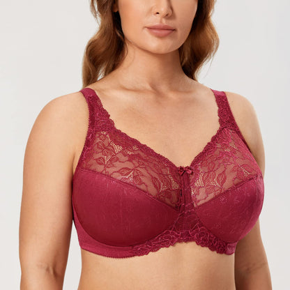 DELIMIRA Women's Lace Wireless Plus Size Bra Sexy Full Coverage Unlined Bralette Cranberry 36DD