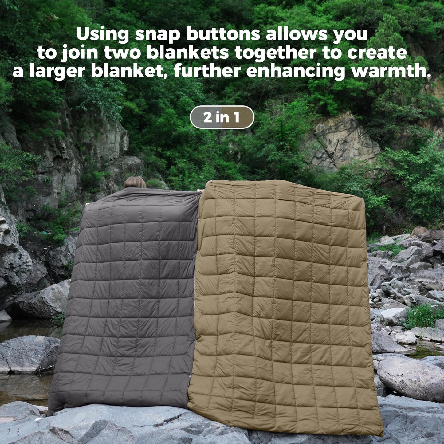 KingCamp Ultralight Camping Blanket, Packable Down Alternative Puffy Wearable Blankets Weatherproof Warm Package Quilt with Snap Buttons for Outdoor Hiking Travel Picnic Stadium (69" x 53", CHARCOAL)