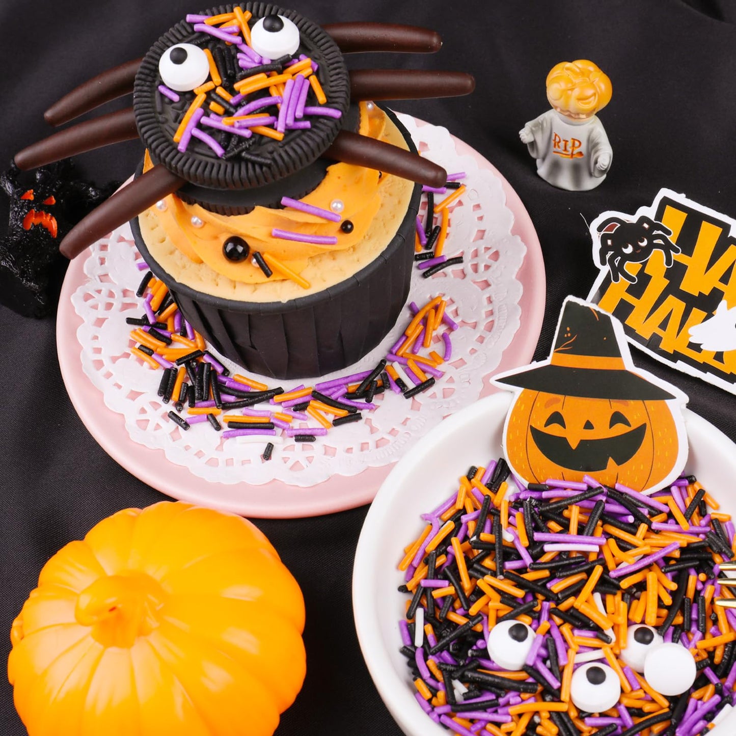 Halloween Sprinkles, Black Orange Purple White Jimmies with Edible Candy Eyes for Cake Decorating, 4.6oz Cookie Cupcake Decorations for Spooky Halloween Baking & Party Treats