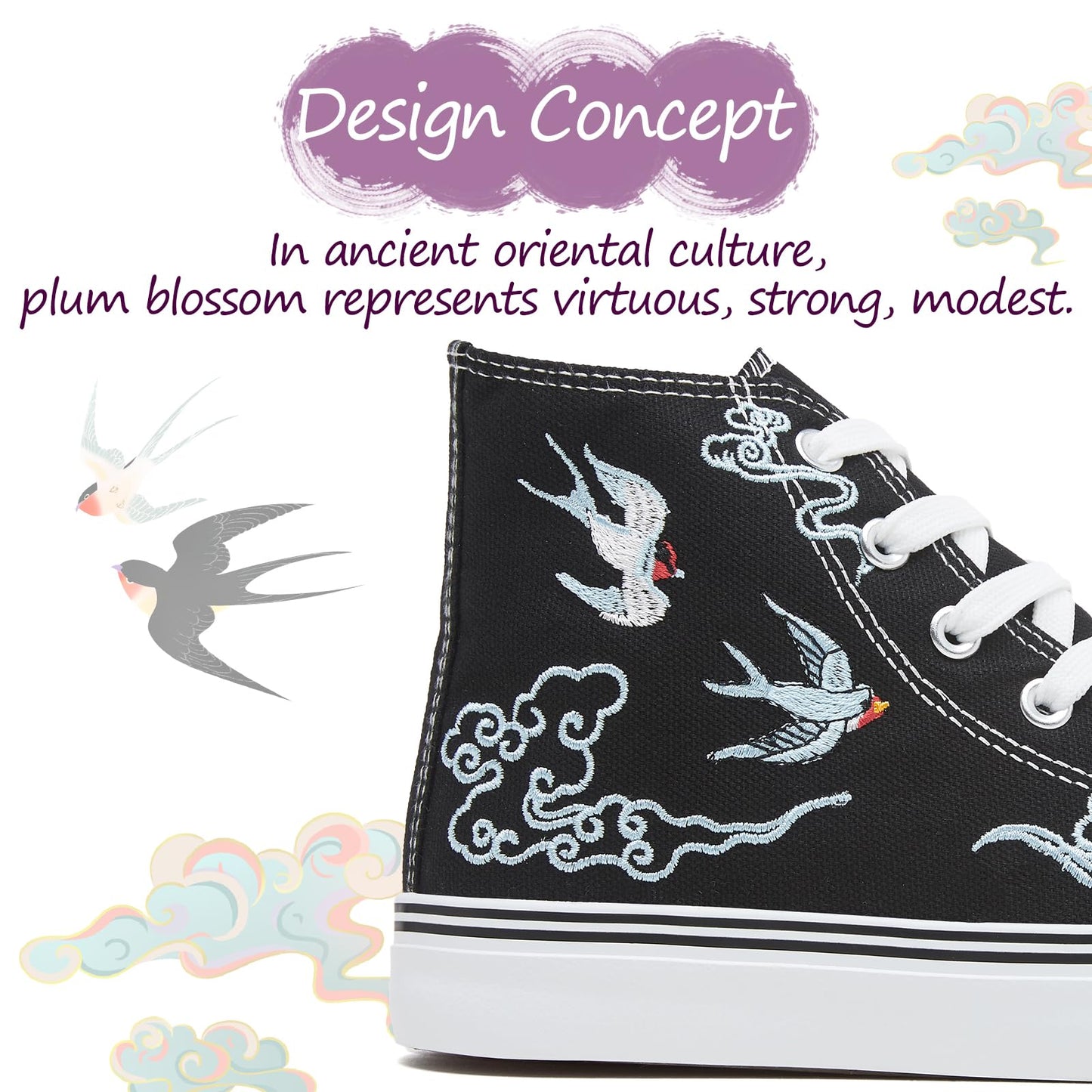 kufeiti Women's Embroidered High Top Canvas Sneaker Black Lace-up Comfortable Casual Fashion Sneaker(Black Lucky, US9)