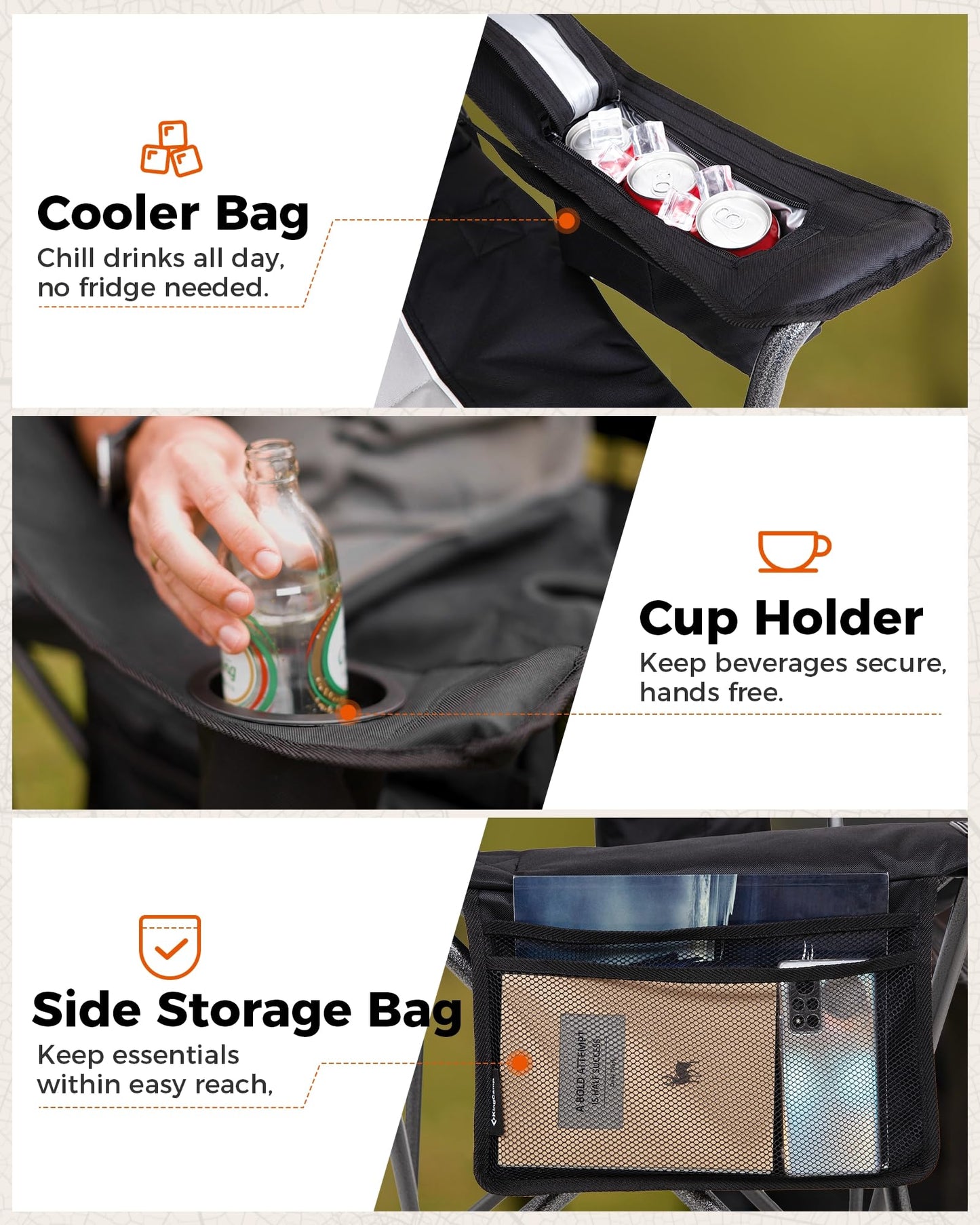 KingCamp Oversized Camping Folding Chair, Heavy Duty 450 LBS with Lumbar Support, Padded seat with Cup Holder&Cooler Bag, Ideal for Camp, Fishing, Sports Event, Backyard, Patio, Lawn (Black/Grey)